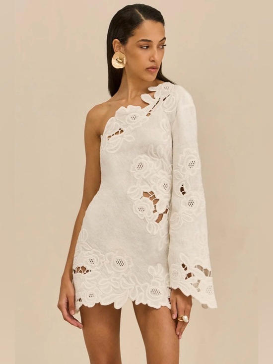 cult gaia Dresses & Skirts - Cult Gaia White Marlena One Shoulder Lace Detail Dress Size 8